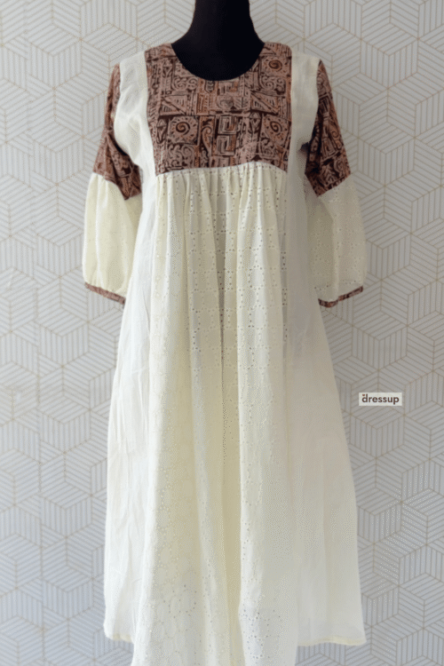 Cotton Hakoba Gathered Dress/Kurti with Kalamkari Printed Yoke/3489