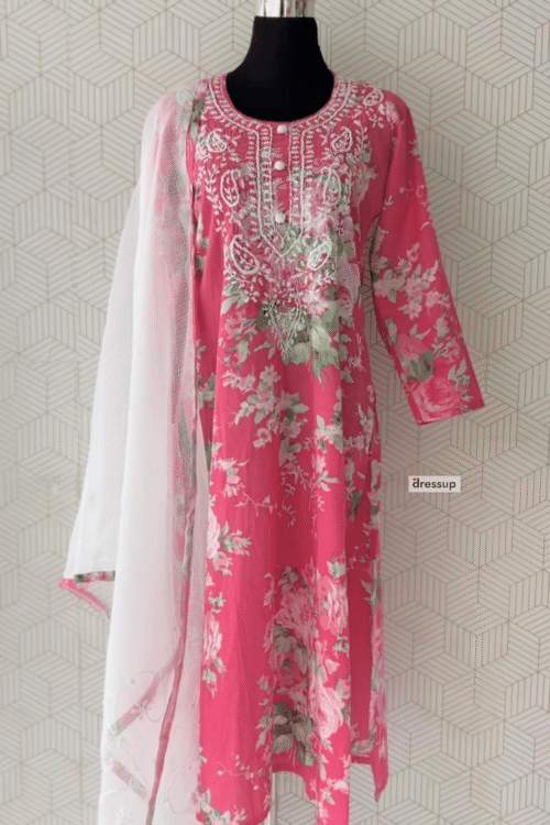 3 Pcs Floral Embroidered Cotton side slitted kurtis with bottom and Dupatta/3455