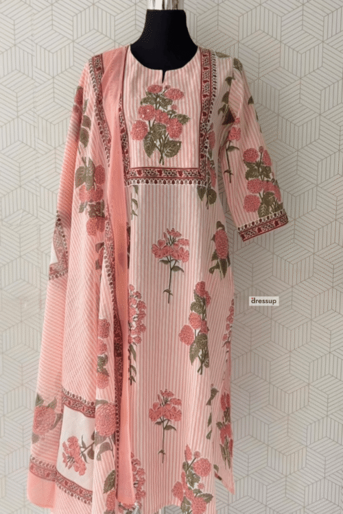 3 Pcs Floral Embroidered Cotton side slitted kurtis with bottom and Dupatta/3303