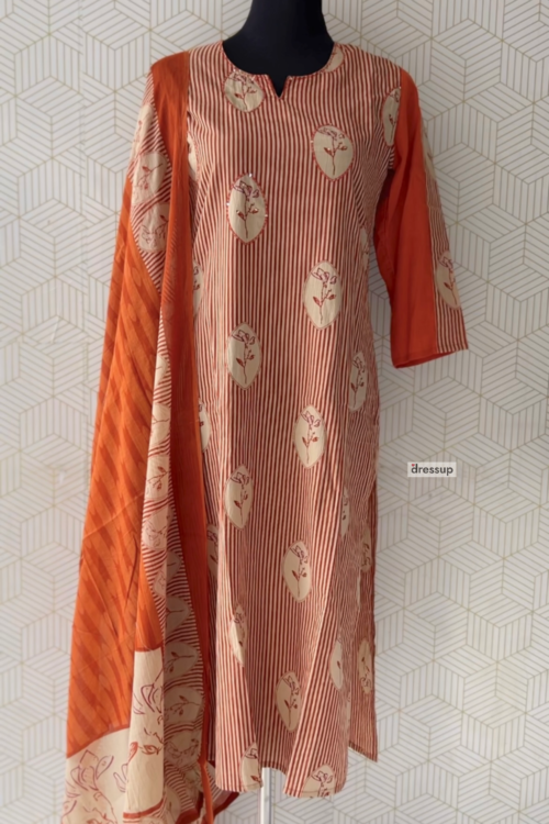 3 Pcs Cotton side slitted kurtis with bottom and Dupatta/3235