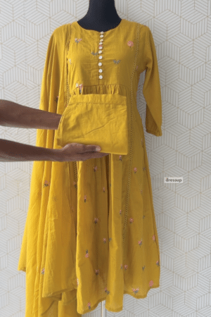 3 piece Cotton Embroidered Anarkali Kurta Set/3691 - Mustard, XXL/44