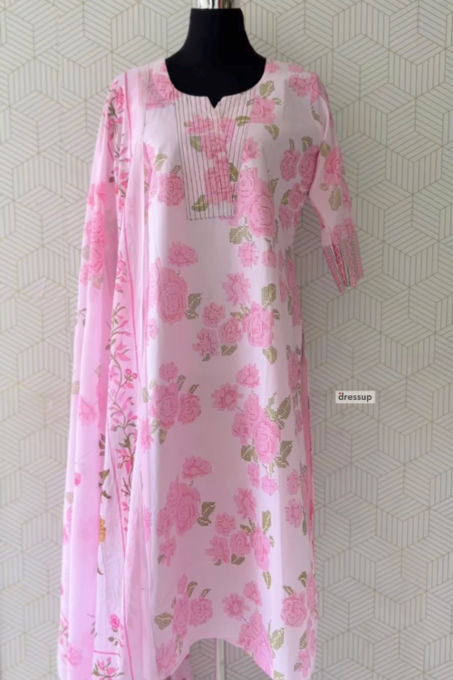 3 Pcs Cotton side slitted kurtis with bottom and Dupatta/3695