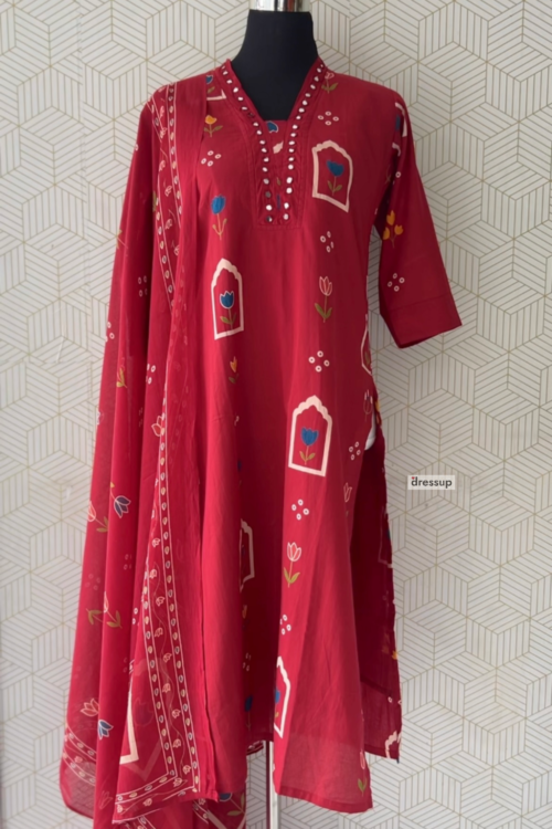 3 Pcs Cotton side slitted kurtis with bottom and Dupatta/3728