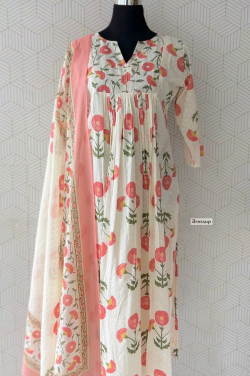 Onam Special 3 Pcs Cotton side slitted kurtis with bottom and Dupatta/3733