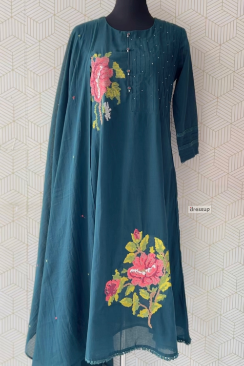 3 piece Mul Cotton Cross-Stitch Embroidered Anarkali Suit Set/3667