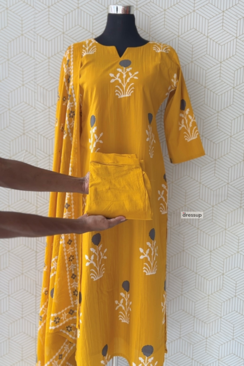 3 Pcs Cotton side slitted kurtis with bottom and Dupatta/3776