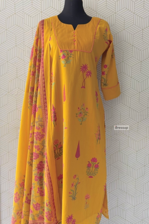 3 Pcs Cotton side slitted kurtis with bottom and Dupatta/3857