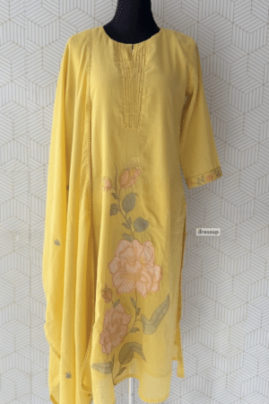 3 Pcs Side slitted kurtis with bottom and Dupatta/3864 - Yellow, XXL/44
