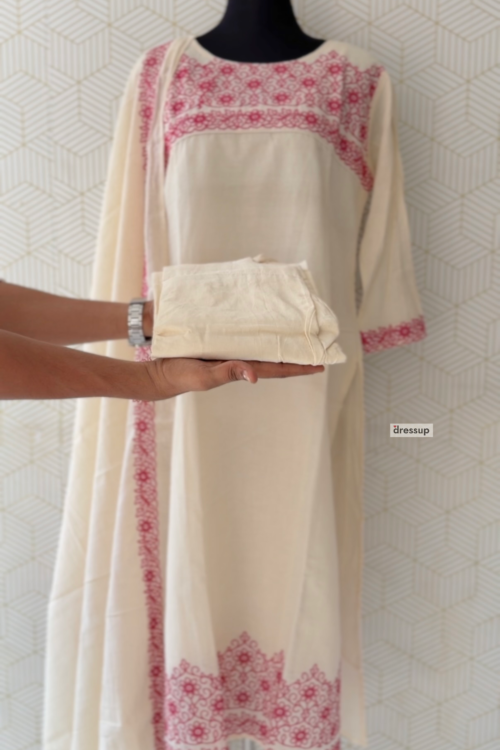 Onam Special 3 Pcs Cotton side slitted kurtis with bottom and Dupatta/