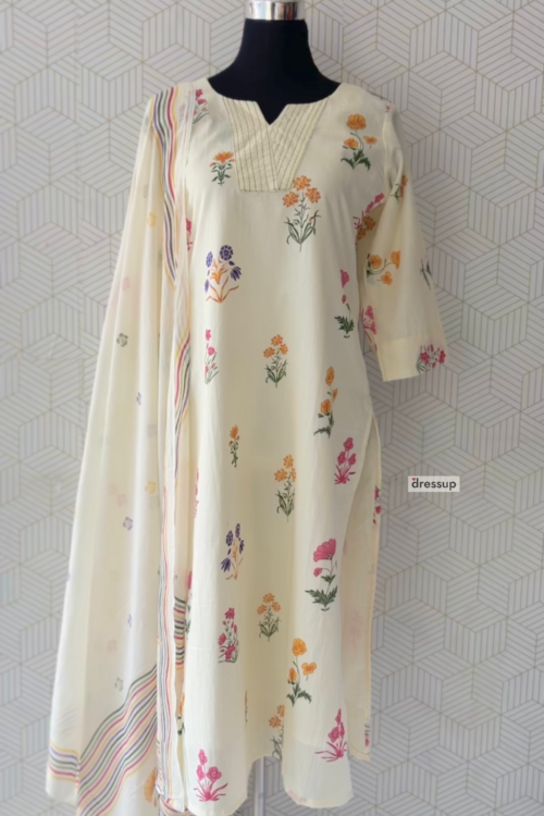 Onam Special 3 Pcs Cotton side slitted kurtis with bottom and Dupatta/3800