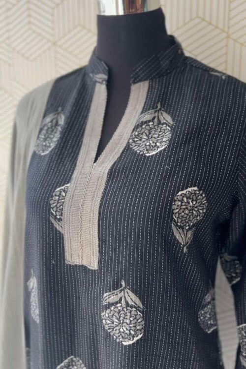 3 Piece Black Kantha Cotton Kurta set with bottom and dupatta/3853