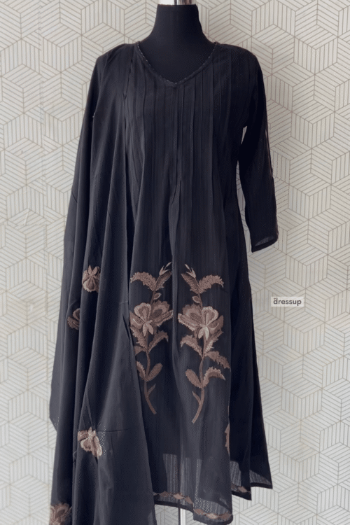 3 Piece Cotton Pin-Tuck Anarkali Set with Embroidered Dupatta/3668