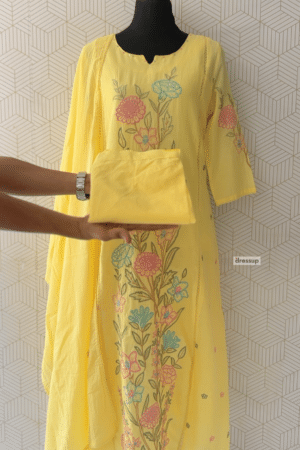 3 Pcs Mul Cotton Aline kurtis with bottom and Dupatta/3964 - Yellow, 3XL/46