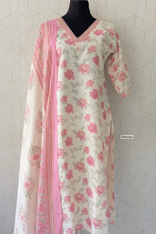 3 Pcs Cotton side slitted kurtis with bottom and Dupatta/3953