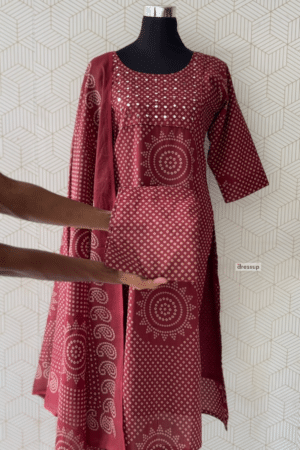 3 Pcs Cotton side slitted kurtis with bottom and dupatta/3871 - Maroon, XXL/44