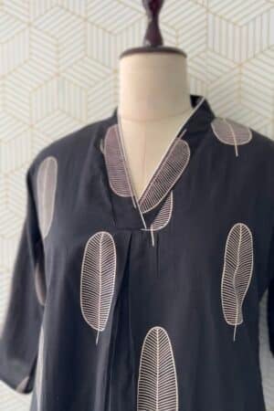 Cotton Elegant Leaf Printed A-Line Kurti (With Lining)/4065 - Black, L/40