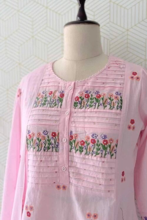 3 Piece Floral Embroidered Cotton A-Line Kurtis with bottom and Dupatta/4064