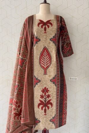 3 Pcs Cotton side slitted kurtis with bottom and Dupatta/3913 - Brown, XXL/44