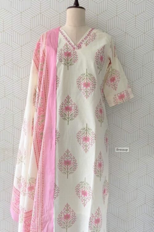 3 Pcs Cotton side slitted kurtis with bottom and Dupatta/4069