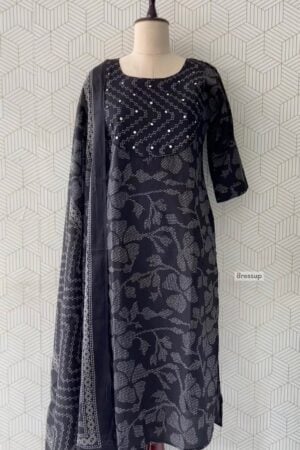 3 Pcs Cotton side slitted kurtis with bottom and Dupatta/4071 - Black, XXL/44