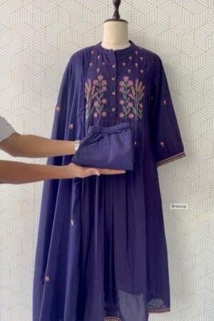 3 Piece Floral Embroidered Cotton A-Line Kurtis with bottom and Dupatta/4062 - Dark Purple, L/40