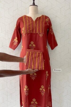 2 Pcs Cotton Side slitted Kurtis and bottom/4048 - Brick, M/38