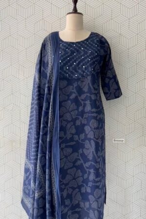 3 Pcs Cotton side slitted kurtis with bottom and Dupatta/4071 - Blue, L/40
