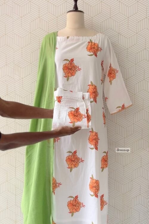 3 Pcs Cotton side slitted kurtis with bottom and Dupatta/3932