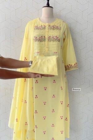 3 Piece Floral Embroidered Cotton A-Line Kurtis with bottom and Dupatta/4064 - Yellow, L/40